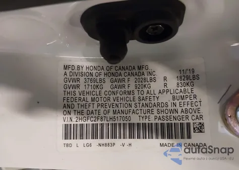 2020 Honda Civic Sport from USA, damaged, VIN 2HGFC2F87LH517050